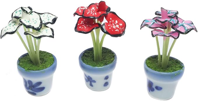 3 Pieces 1:12 Dollhouse Miniature Artificial Flower Plants in Ceramic Pot, Green Star Caladium,Crimson Skye,Pink Gam Dollhouse Accessories for Collectibles and Home Decoration