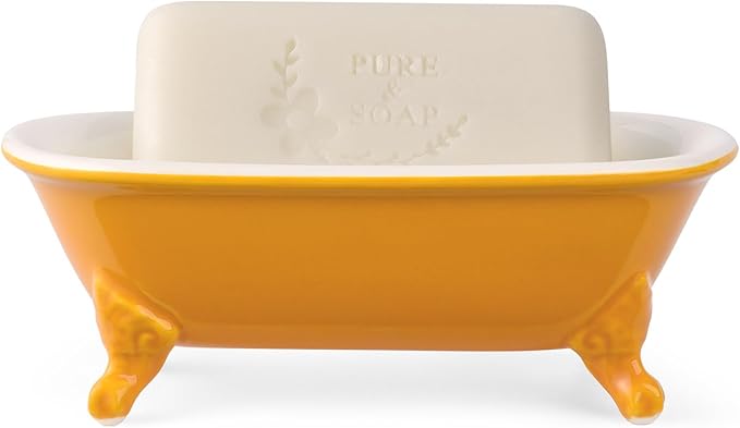 NEWHENGS 6.5" Ceramic Mini Decorative Clawfoot Bathtub Bar Soap Dish, Kitchen Sponge Holder and Shower Tray for Bathroom, 1 Pack(Golden Yellow)