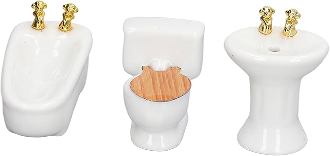 shenruifa 3Pcs Dollhouse Miniature Bathroom Set, 1:24 Ceramic Simulation Bathtub Toilet Sink Dollhouse Bathroom Furniture (Pure White)