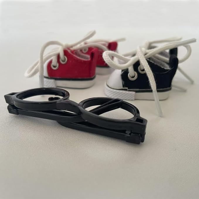 Mini Canvas Sneakers for Dolls, 2 Pairs Set in Red and Black, Lace-up Style for labubu 2025,Include A Pair of Glasses(no Lenses) (Red & Black)