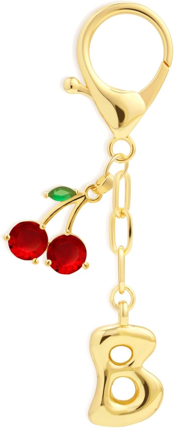 Fohufo Initial Keychains for Women - Cute Cherry Bag Charms Purse, 14K Gold Plated Keychain Accessories, Birthday Gifts