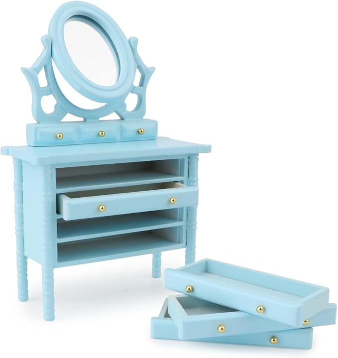 Miniature Dollhouse Vanity Table 1 12 Furniture Makeup Dressing Table with Mirror and 4 Drawers Mini House Accessories Bedroom Living Room Scene Decoration (Blue)