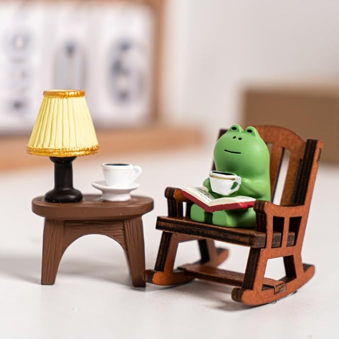 Miniature Frog Figurine Statue, Help Relax Enjoying Tea Time Mini Frog Cat Collection Desk Ofiice Bedroom Decor, Healing Heart Good Mood Indoor Home Decorations with Gift Box -Reading