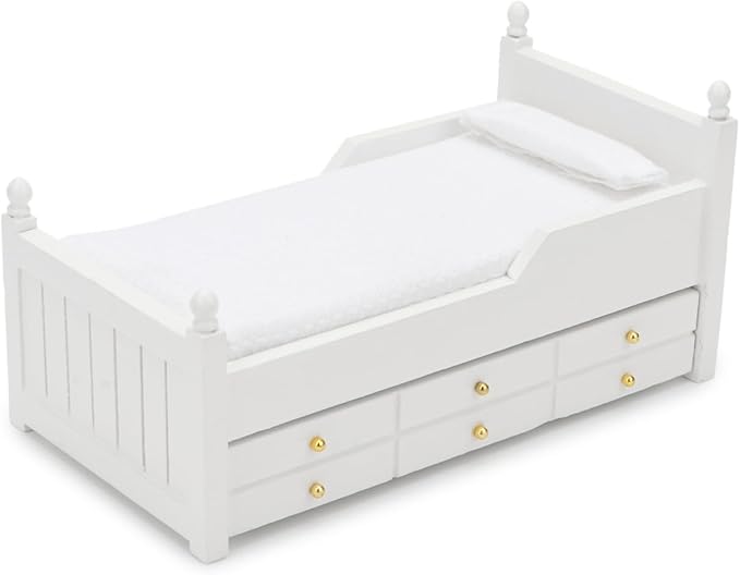 Dollhouse Miniature Bed with Drawer 1:12 Wooden Furniture European Bedroom Bedding Furniture Accessories with Pillow & Mattresses Vintage Floral Fabric Mini House Decoration