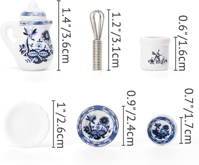 Odoria 1/12 Miniature Porcelain Tea Set Plates and Silverware Kitchen Utensils Dollhouse Accessories, Blue Lotus