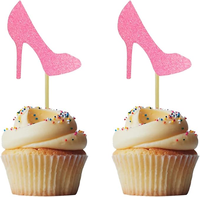 Morndew 24 PCS Pink Glitter Heels Cupcake Toppers for Theme Party Gender Reveal Party Baby Shower Birthday Party Wedding Party Decorations