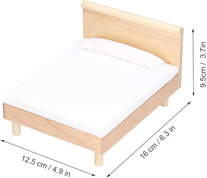 Dollhouse Double Bed, Wooden Frame Oak Miniature Furniture, Decorative Pillow Plush Toy Pillows, Miniature Bedroom Furniture for 1/12 Scale Dollhouse