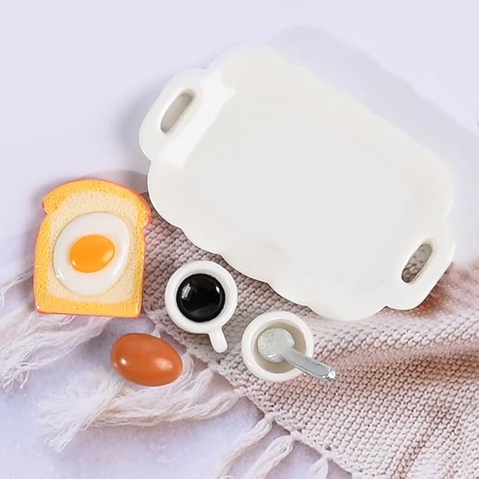 7 Pieces 1:12 Scale Miniature Breakfast Set – Dollhouse Kitchen Accessories, Includes Tray, Spoon, Cup, Coffee, Eggs, Bread, and Other Decorative Items Miniature Scenes for DIY Craft Projects