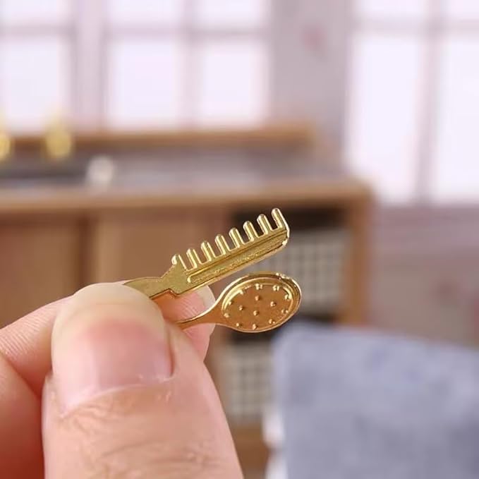 Miniature Comb and Hair Dryer Set for Dollhouses, 4Pcs Mini Bathroom Accessories, Mirror and Makeup Decor for Dollhouse Displays