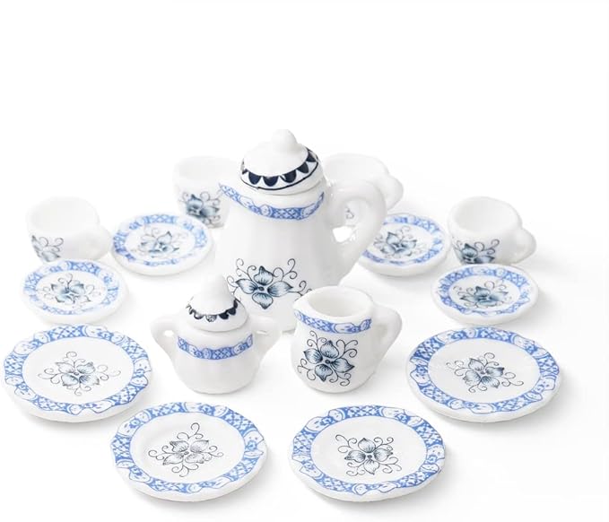 Odoria 1/12 Miniature Porcelain Tea Set 15Pcs Dollhouse Decoration Accessories, Blue Petals