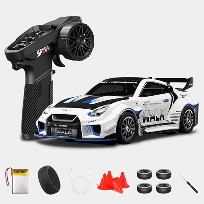 1:43 RC Drift Car D43-02 - 2.4G Full Proportional 4WD Alloy 20KM/H High Speed RC Racing Car with Gyro, Silent Bearings, Adjustable Speed & Lighting(Q1/Mecha War White/D43-02)