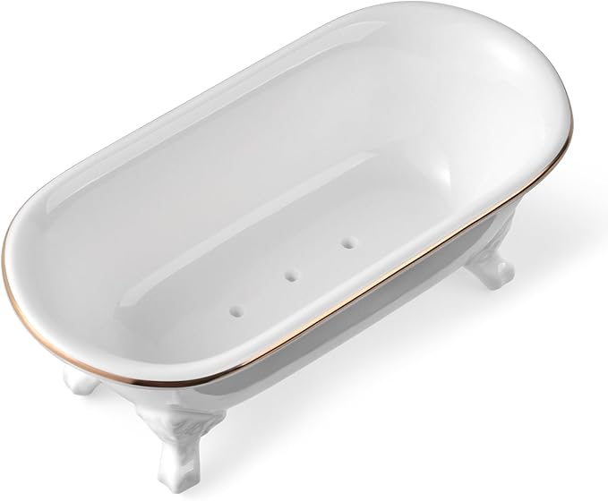 NEWHENGS 6.5" Ceramic Mini Decorative Clawfoot Bathtub Bar Soap Dish, Kitchen Sponge Holder and Shower Tray for Bathroom, 1 Pack (White Gold Rim)
