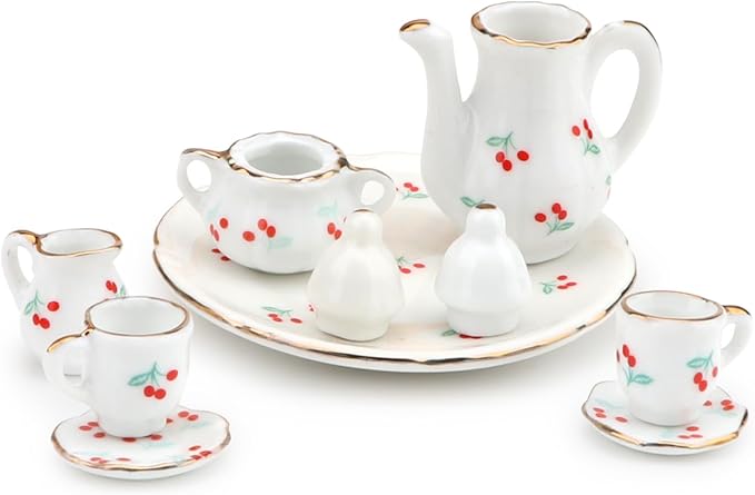 Dollhouse 1:6 Porcelain Tea Cup Sets 8 Pcs Set Miniature Ceramics Dollhouse Accessories Flower Pattern Teapot Platter Dish Sets Dollhouse Kitchen Supplies Decoration (Cherry)