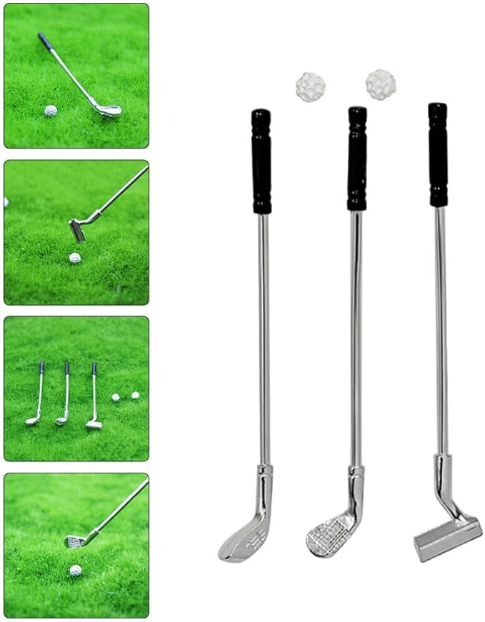 jojofuny Miniature Golf Set for Dollhouse, 1:12 Scale Alloy Mini Golf Clubs and Balls, Mini House Decoration, Realistic Golfing Accessories for Enthusiasts Collectors