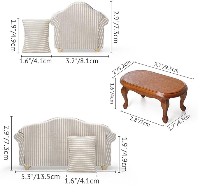 Odoria 1/12 Miniature Brown Coffee Table and Upholstered Chair Sofa Set Mini Armchair Striped Khaki Couch Miniatures Dollhouse Furniture Accessories Doll House Accessory