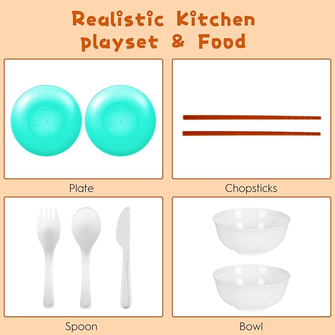 60Pcs Kids Mini Play Kitchen Accessories, Pretend Cooking Play Set with Cookware, Tableware & Fruit & BBQ Sets, Learning Gift for Boys, Girls, Toddlers,Green