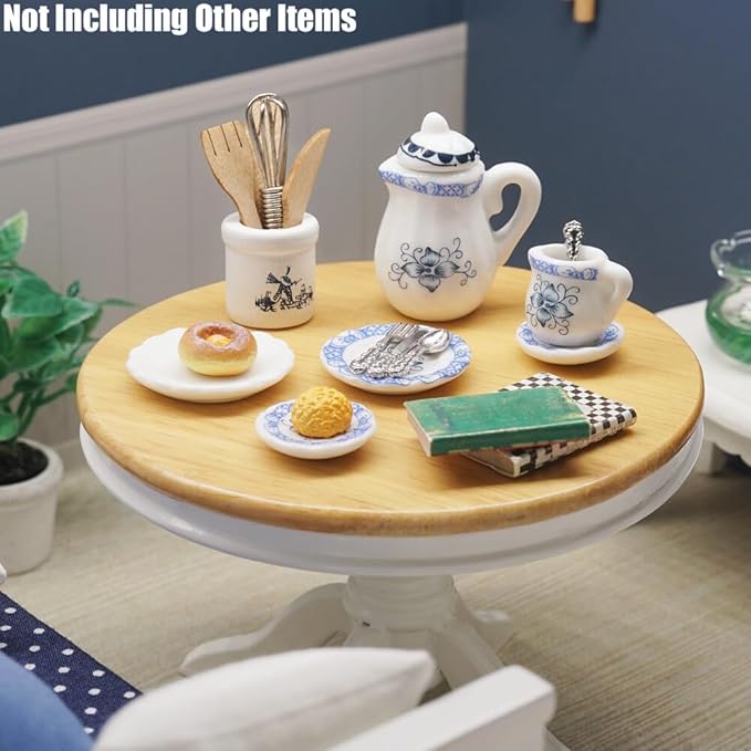 Odoria 1/12 Miniature Porcelain Tea Set Plates and Silverware Kitchen Utensils Dollhouse Accessories, Blue Petals