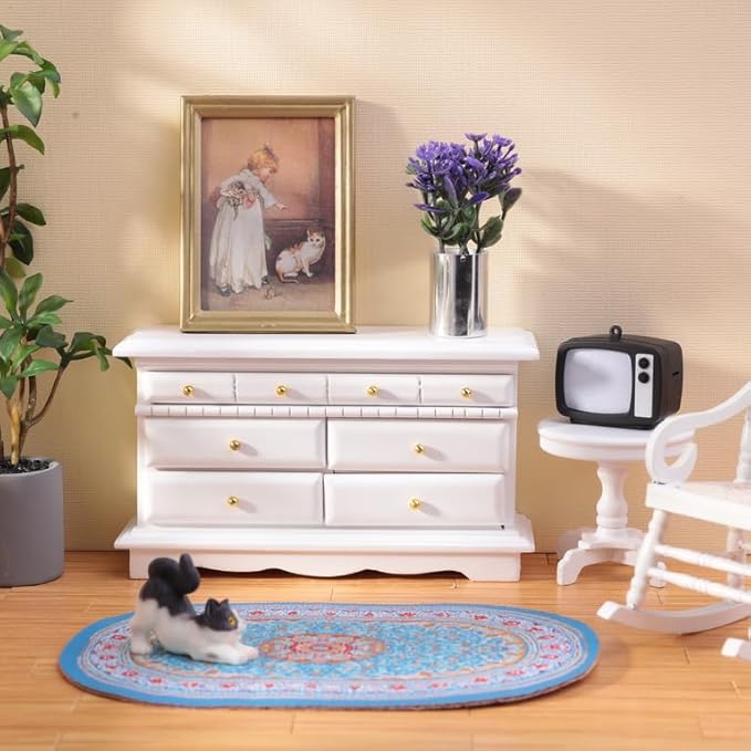 3Pcs 1:12 Dollhouse Side Cabinet Furniture Set, Wooden Miniature Wall Chest Cabinet with Drawers, Art Painting & Potted Plant, Cupboard Doll Accessories for Living Room,Kitchen Bedroom