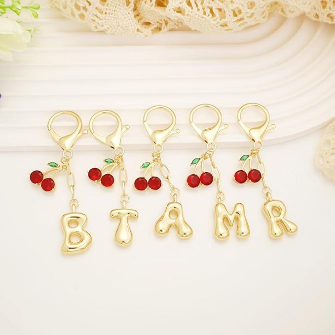 Fohufo Initial Keychains for Women - Cute Cherry Bag Charms Purse, 14K Gold Plated Keychain Accessories, Birthday Gifts