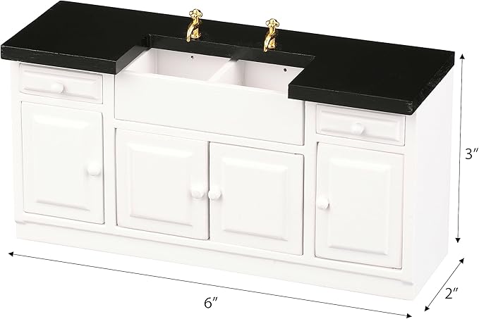Dollhouse Kitchen Sink, Miniature Dolls House Cabinet, Countertop, White 1/12 Scale, Farmhouse