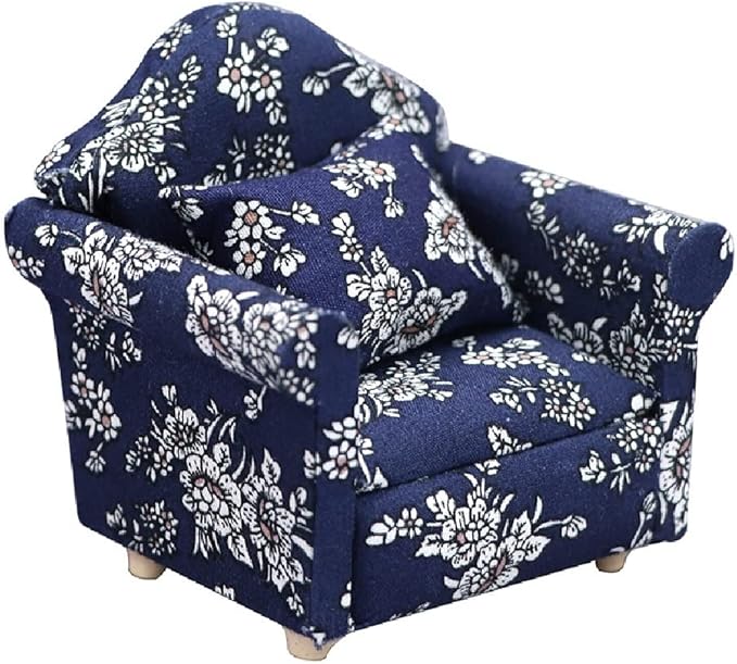 Dollhouse Couch with Pillow 1 12 Scale Miniature Sofa Arm Chair Living Room Furniture Wooden Fabric Frame Single Reading Chair Artificial House Room Scene Decoration (Blue)