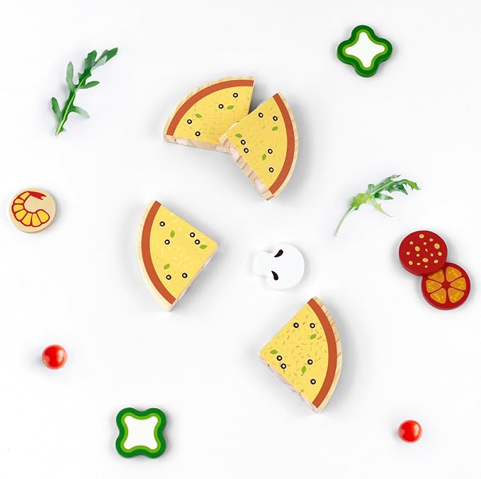 Pillowhale Wooden Pizza Play Set – 24 PCS Slice‑&‑Serve Pretend Play Pizza Toy, Hook‑and‑Loop Cutting, Montessori Kitchen Role Play, Wooden Play Food Gift for Toddlers Ages 3‑6
