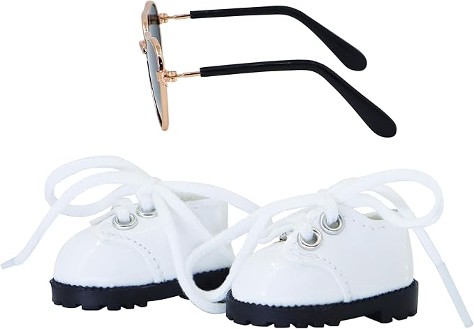 Suitable for 17cm Doll Clothing Accessories Set, Cute PU Leather Lace-up Mini Oxford Shoes and Glasses Two-Piece Set (White)
