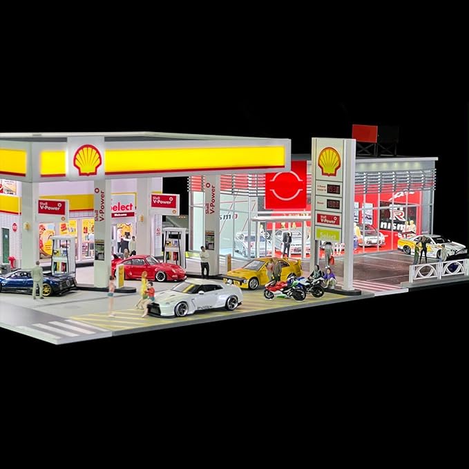 1/64 Scale Shell Gas Station Building Scene Model, Gas Station Architecture Scene, DIY Miniature Building Model for Teens (Cars & Figures Not Included)