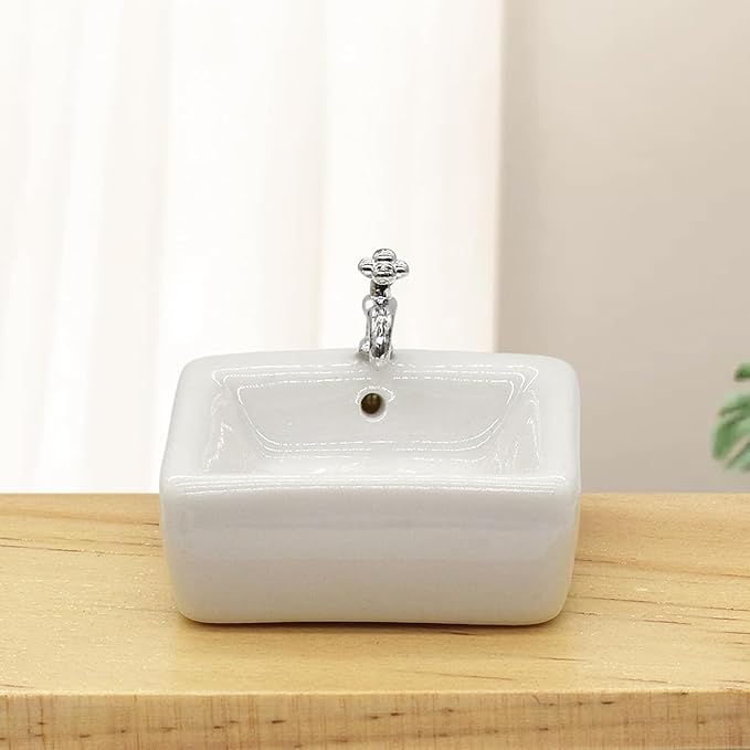 1:12 Scale Ceramic Sink with Removable Faucet - Miniature Dollhouse Bathroom and Kitchen Accessories for Victorian Style Decor, Realistic Doll House Furniture (Durable Resin Basin Set)