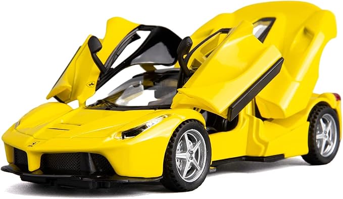 BDTCTK 1:32 Farrari Car Model Pull Back Car with Sound and Light for Kids Boy Girl, Metal Body Door Opened Yellow