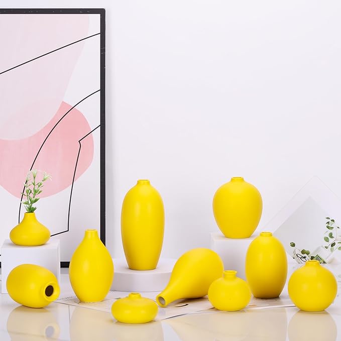 Ceramic Bud Vase Set of 10 - Yellow mini Bud Vases in Bulk Dining Table Centerpieces, Cute Bulk Small Flower Vase for Pampas Grass&Single Flower Decor, Ideal Wedding Window Sill Aesthetic Desk Decor