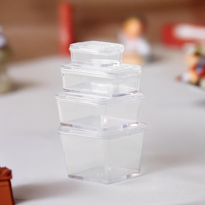 Cute Mini Storage Containers (4 Pack), Realistic Miniature Boxes with Lids for Dollhouse Décor, Crafting, and Miniatures (Transparent)
