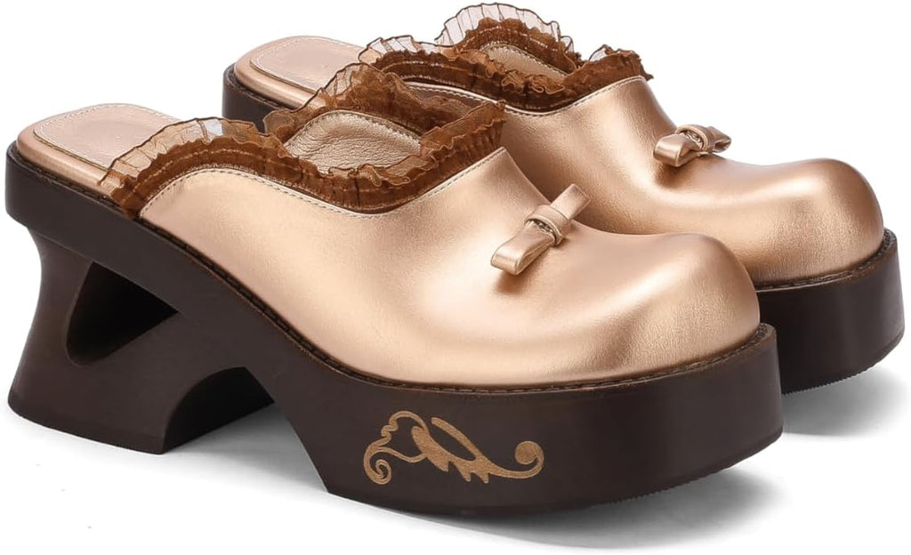 kuoco Handmade Swedish Wood Mules for Women Platform Low Heel Wooden Clogs Mules Open Back Faux Leather Clogs