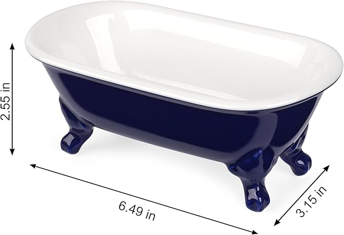 NEWHENGS 6.5" Ceramic Mini Decorative Clawfoot Bathtub Bar Soap Dish, Kitchen Sponge Holder and Shower Tray for Bathroom, 1 Pack(Navy Blue)