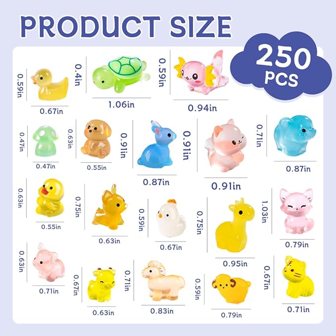 JIUDUOYUAN 250 Pcs Luminous Mini Resin Animals Tiny Mini Figurines Glow in The Dark Garden Miniatures Animal for Micro Dollhouse Landscape Fairy Garden Decorations