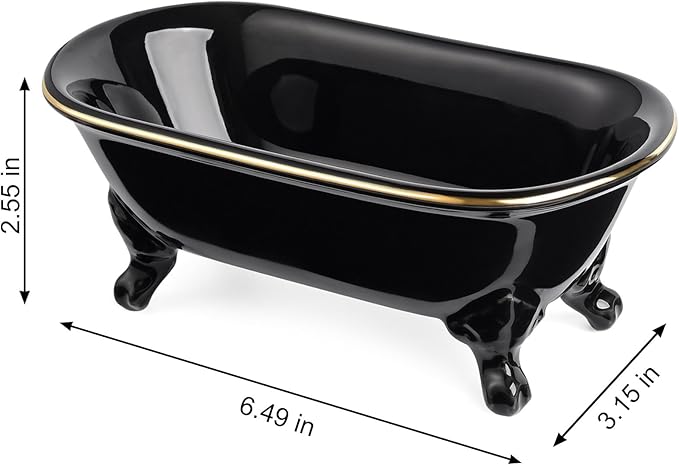NEWHENGS 6.5" Ceramic Mini Decorative Clawfoot Bathtub Bar Soap Dish, Kitchen Sponge Holder and Shower Tray for Bathroom, 1 Pack (Black Gold Rim)