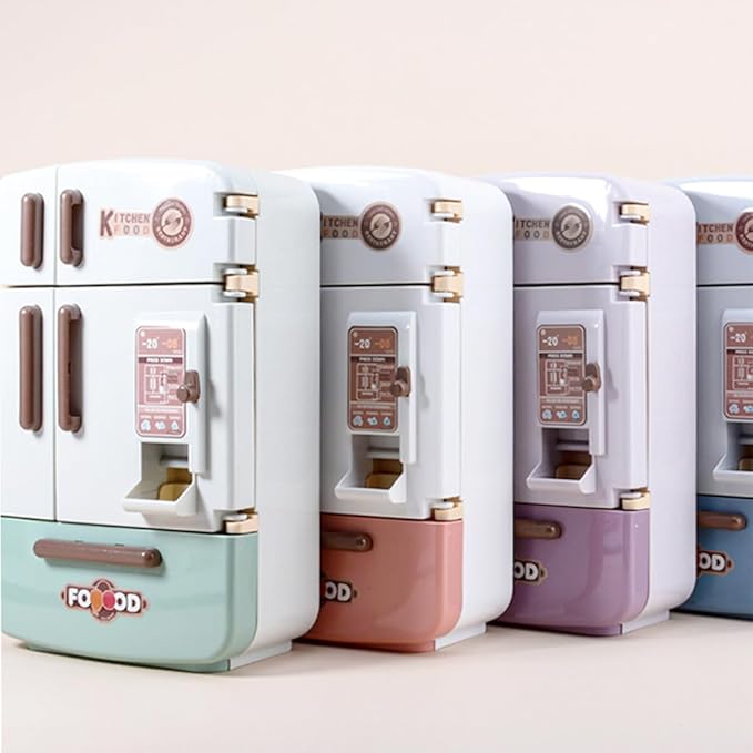 1/7 Scale Large-Size Realistic Double-Door Fridge Model, Miniature Kitchen Props, Pretend-Play Fridge Set (Sky Blue Refrigerator + 30 Food Items + 30 Drinks + Shopping Cart + 8 Ice Cubes/Light-Up)