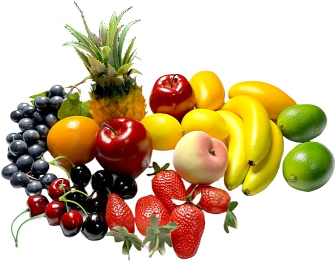 26pcs Artificial Fruits Fake Realistic Fruit Modle for Photoshoot Decor Artificial Pineapple Green & Yellow Lemon Black Grapes Bananas Orange Apple Peach Strawberries Mango Plastics Cherry