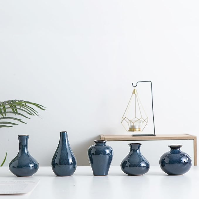 Small Ceramic Vase Set of 5, Blue Bud Vase, Boho Decorative for Fireplace, Entryway and Living Room, Centerpiece Table Decorations