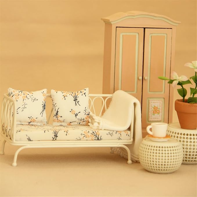 Doll House Sofa Set; Iron Frame Miniature Living Room Furniture; Detachable Washable Fabric Cushions for Creative Room Decoration.