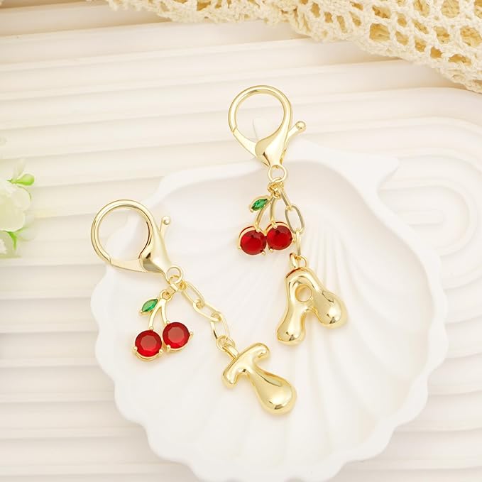 Fohufo Initial Keychains for Women - Cute Cherry Bag Charms Purse, 14K Gold Plated Keychain Accessories, Birthday Gifts