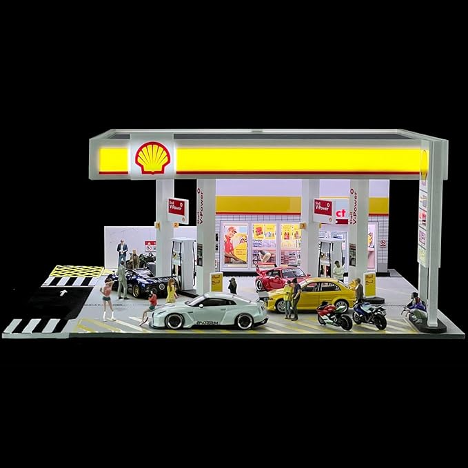1/64 Scale Shell Gas Station Building Scene Model, Gas Station Architecture Scene, DIY Miniature Building Model for Teens (Cars & Figures Not Included)