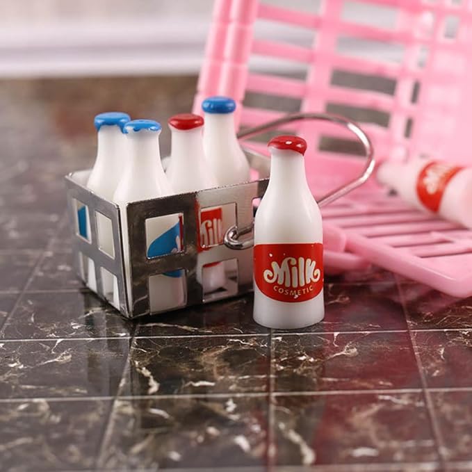 Amosfun Mini Milk Bottles Dollhouse Decoration Set 1:12 Scale Miniature Food Play Scene Layout Decoration - 5pcs Bottles and 1pcs Basket