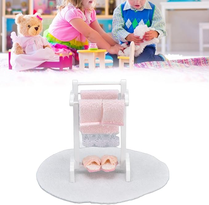1:12 Miniature Bath Towel Rack with Rug Set - Dollhouse Bathroom Furniture Accessories - Dollhouse Furniture Craft Accessories for a Realistic Dollhouse Bathroom (2 Pcs)