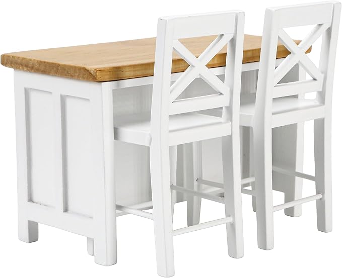 1/12 Scale Dollhouse Kitchen Dining Table Chairs Set – Miniature Kitchen Island with Stools, Modern Wood Furniture for Dollhouse Room Decor – Realistic Miniatures for Restaurant Bar Pub Barbie Crafts