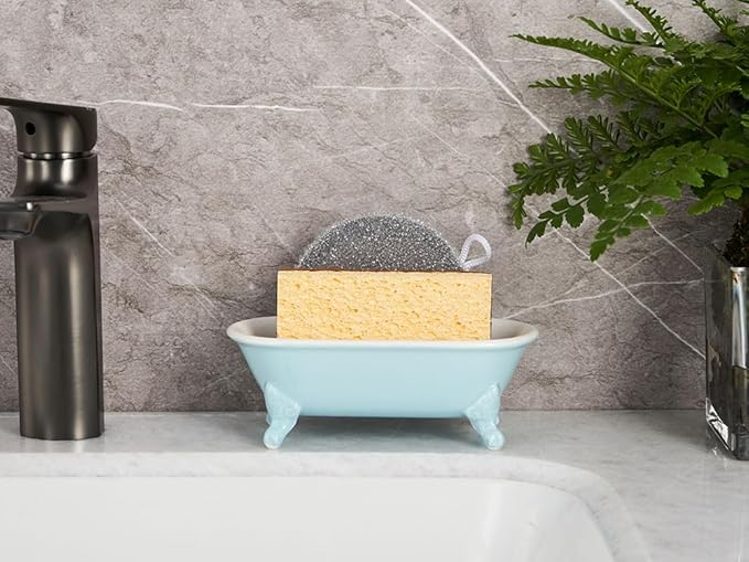 NEWHENGS 6.5" Ceramic Mini Decorative Clawfoot Bathtub Bar Soap Dish, Kitchen Sponge Holder and Shower Tray for Bathroom, 1 Pack(Baby Blue)