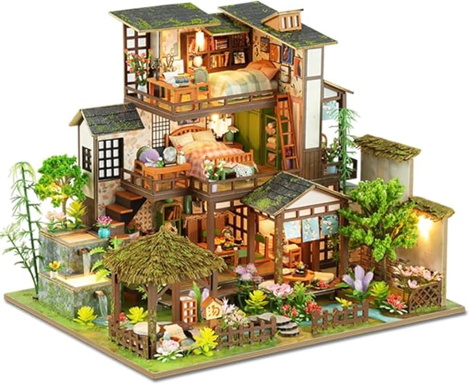 DIY Miniature Dollhouse Kit, Mini House Making Kit with Light, Tiny House Kit to Build for Adults, Hobby Craft Gift for Father's Day, Bamboo Brook Cottage