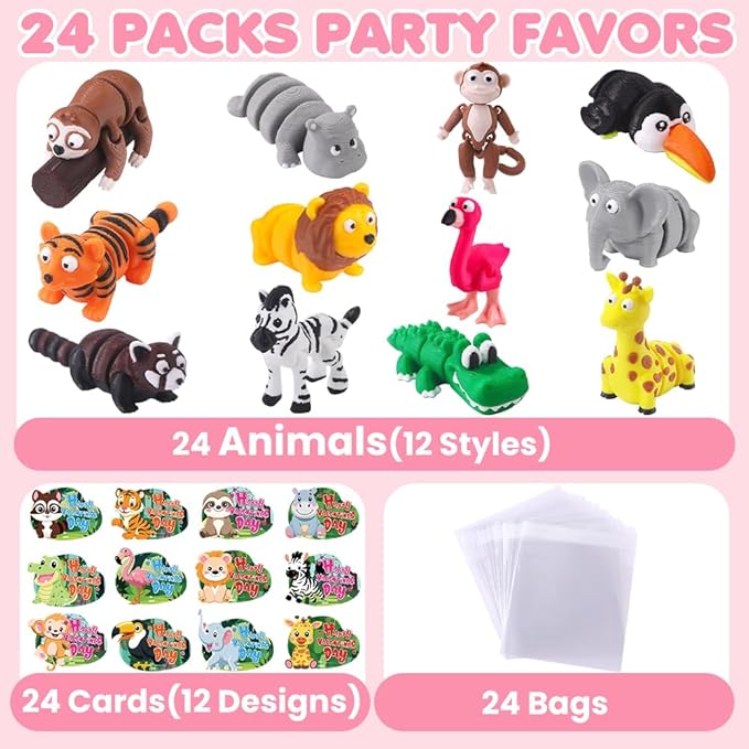 24Pcs Valentines Mini 3D Printed Forest Animals for Kids 12 Styles 3D Printed Figurines with Cards for Party Favors Valentines Fidget Toys for Classroom Prize Rewards Gifts Exchange