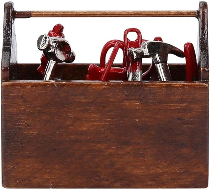 Doll House Toolbox,Eecoo Miniature Tool Box Wooden Toolbox Model for 1/12 Doll House Accessories with 8PCS Metal Tools Set