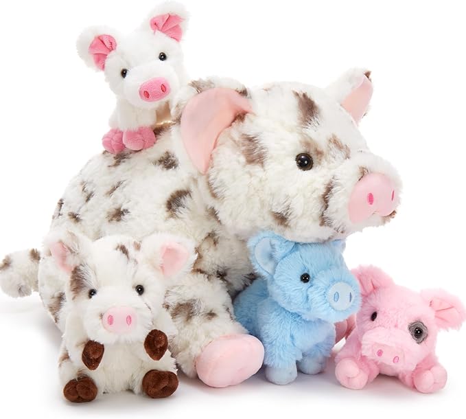 5Pcs Spotted Pig Stuffed Animal, 16“ Mommy Pig Plush with 4 Soft Cuddly Baby Pig Plushies in Mother Pig's Belly, Farm Animal Chirstmas Birthday Gift for Girls Boys Kids, Baby Shower Decor